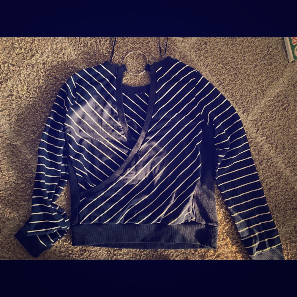 Blue sweater with white stripes